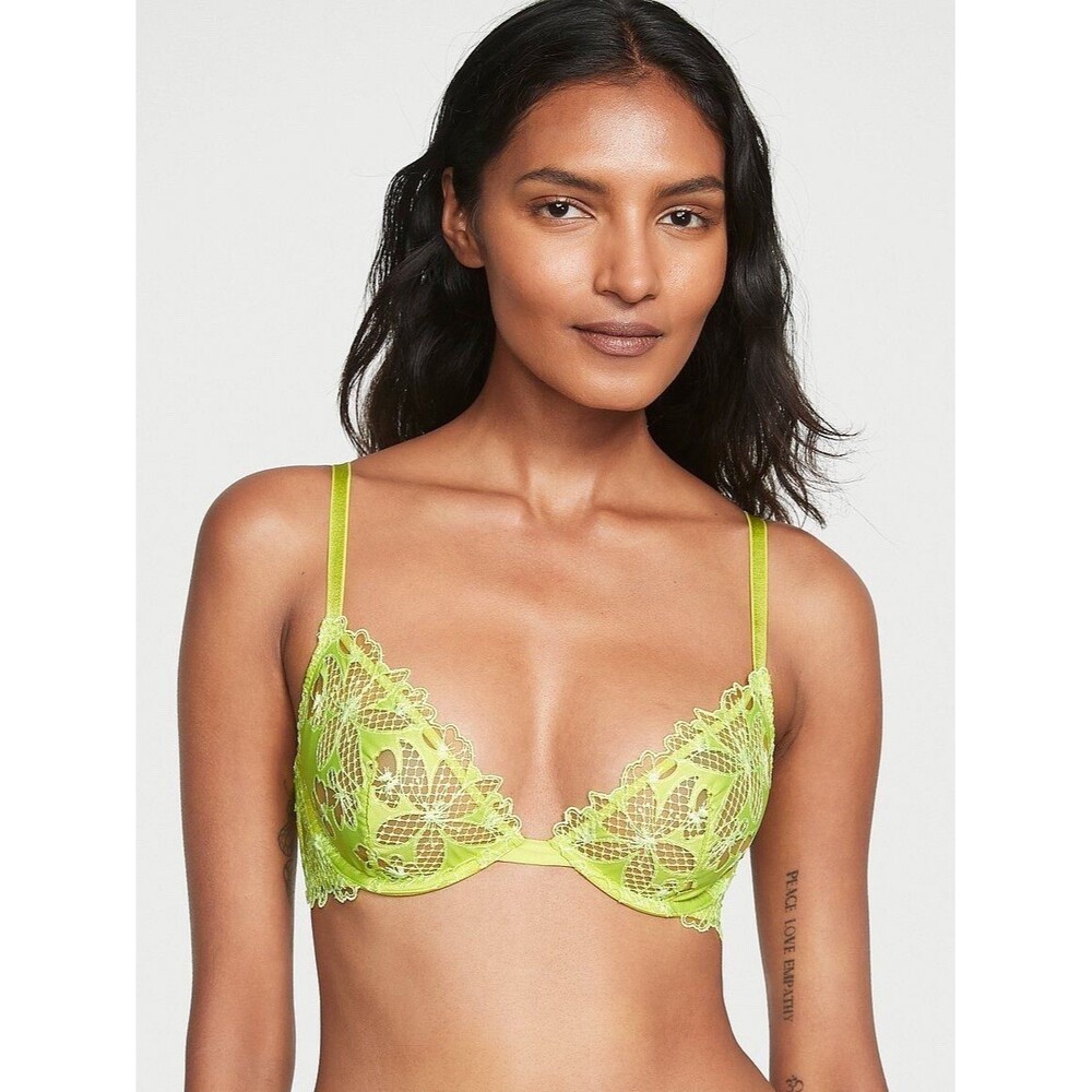 Victoria’s Secret Very Sexy Fishnet Lace Peekaboo Low Cut Demi Bra Limelight 36B